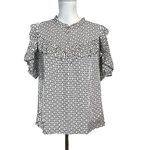 Ann Taylor Loft Blouse size Medium White Black Gold Sheer Ruffles Boho Peasant